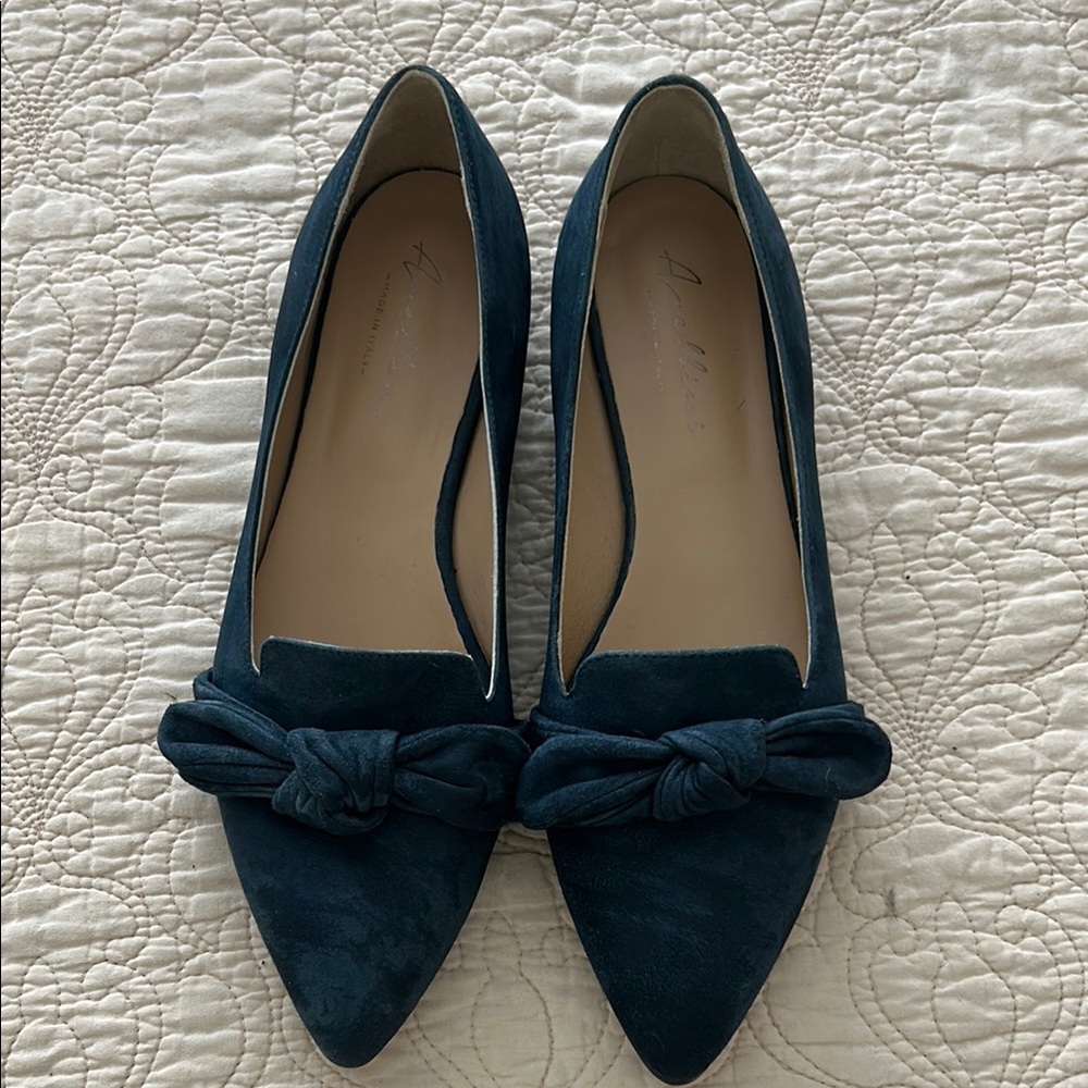 Blue Pointed-Toe Flats with Bow Detail